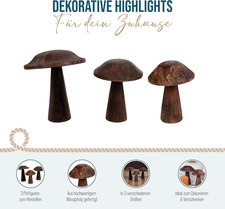 Holz-Pilze, 3 Stück: Herbstdeko Figuren, Tischdeko Pilz, Kleine Dekofiguren Herbst, Dekoration Tisch
