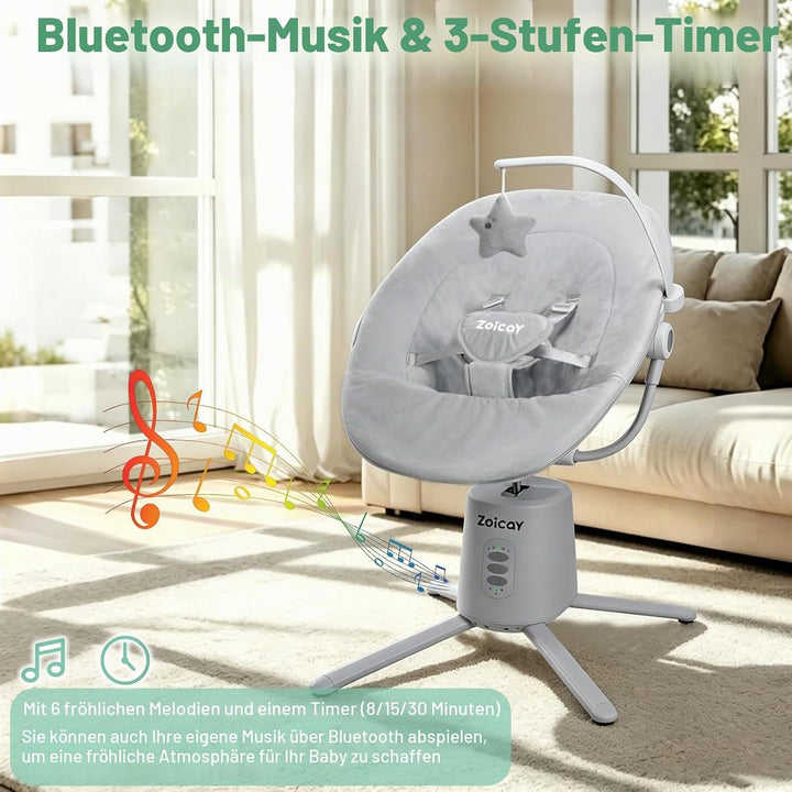Babywippe Elektrisch mit 3 Modus 5 Tempo für Neugeborenes 0-9 Monate (Grau) | Babywippe 5-Punkt-Gurt