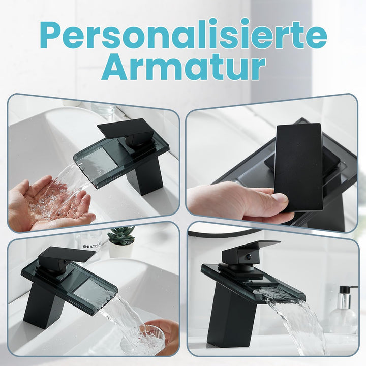 ZYNUHMO Wasserhahn Bad,Wasserfall Armatur Badezimmer Glas,Einhand-Waschtischarmatur,Schwarz, Schwarz