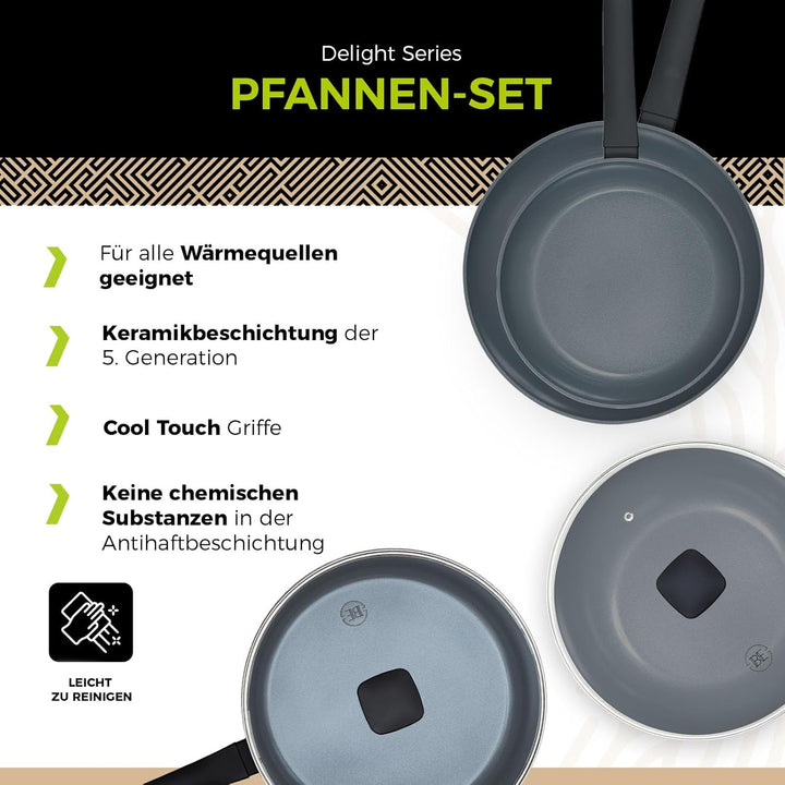 Be Living Pfannenset 4-teilig – Ø 24 & 28 cm Bratpfanne + Sauteuse + Wokpfanne mit Deckel – Bratpfan