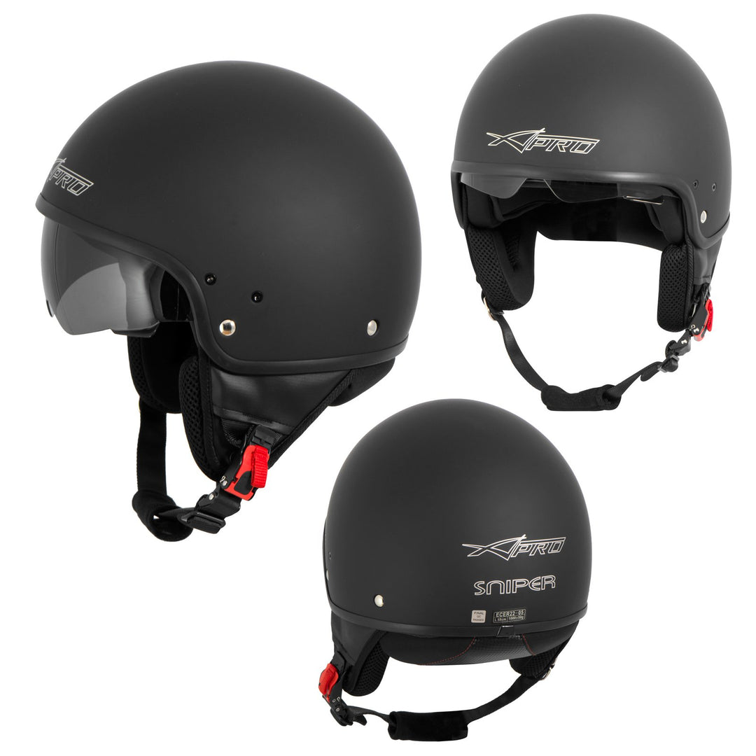 A-Pro Motorradhelm Motorrad Roller Jet Helm Innensonnenblende Viser Matt Schwarz XL 60 cm (XL) Schwa