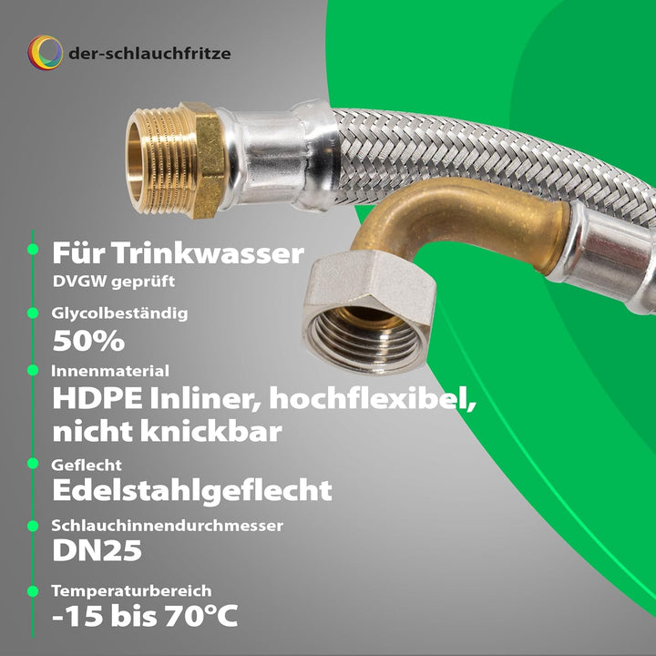 Panzerschlauch 1"AG x 1"ÜM Bogen - Flexschlauch DN25 mit Trinkwasserzulassung 1,50m / 1.500mm, 1,50m