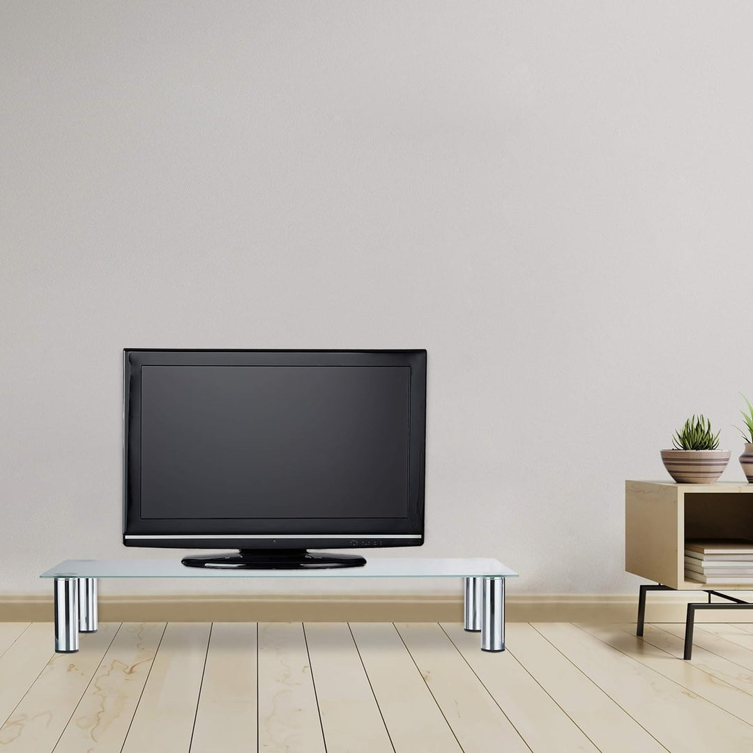 Relaxdays, weiss/Silber TV-Tisch Glas, verchromte Metallbeine, Bildschirmerhöhung, rechteckig, Glasa