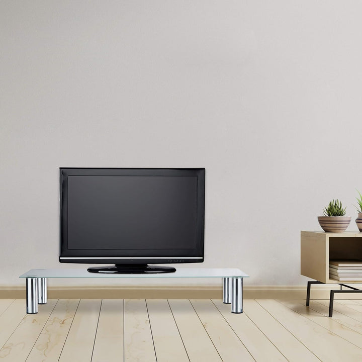Relaxdays, weiss/Silber TV-Tisch Glas, verchromte Metallbeine, Bildschirmerhöhung, rechteckig, Glasa