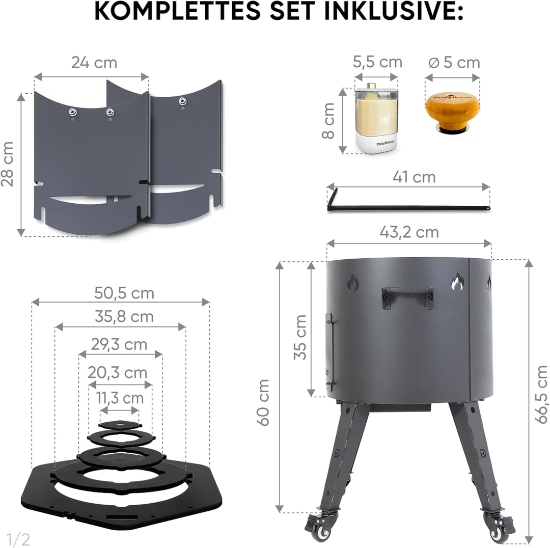 Gusseisen Kazan 16L mit Utschak Feuerofen Ø 44cm | Kasan-Set Runder Boden Deckel | Учаг Feuerschale