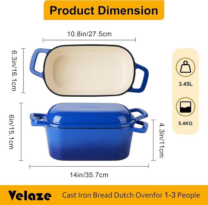 Velaze Gusseisen Topf 3,45L, 28cm Gusseisen Bräter mit Deckel – Quadrat Schmortopf mit Deckel Backof