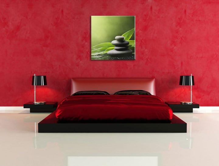Zen Steine mit Blättern, Format: 70x70 auf Leinwand, XXL riesige Bilder fertig gerahmt mit Keilrahme