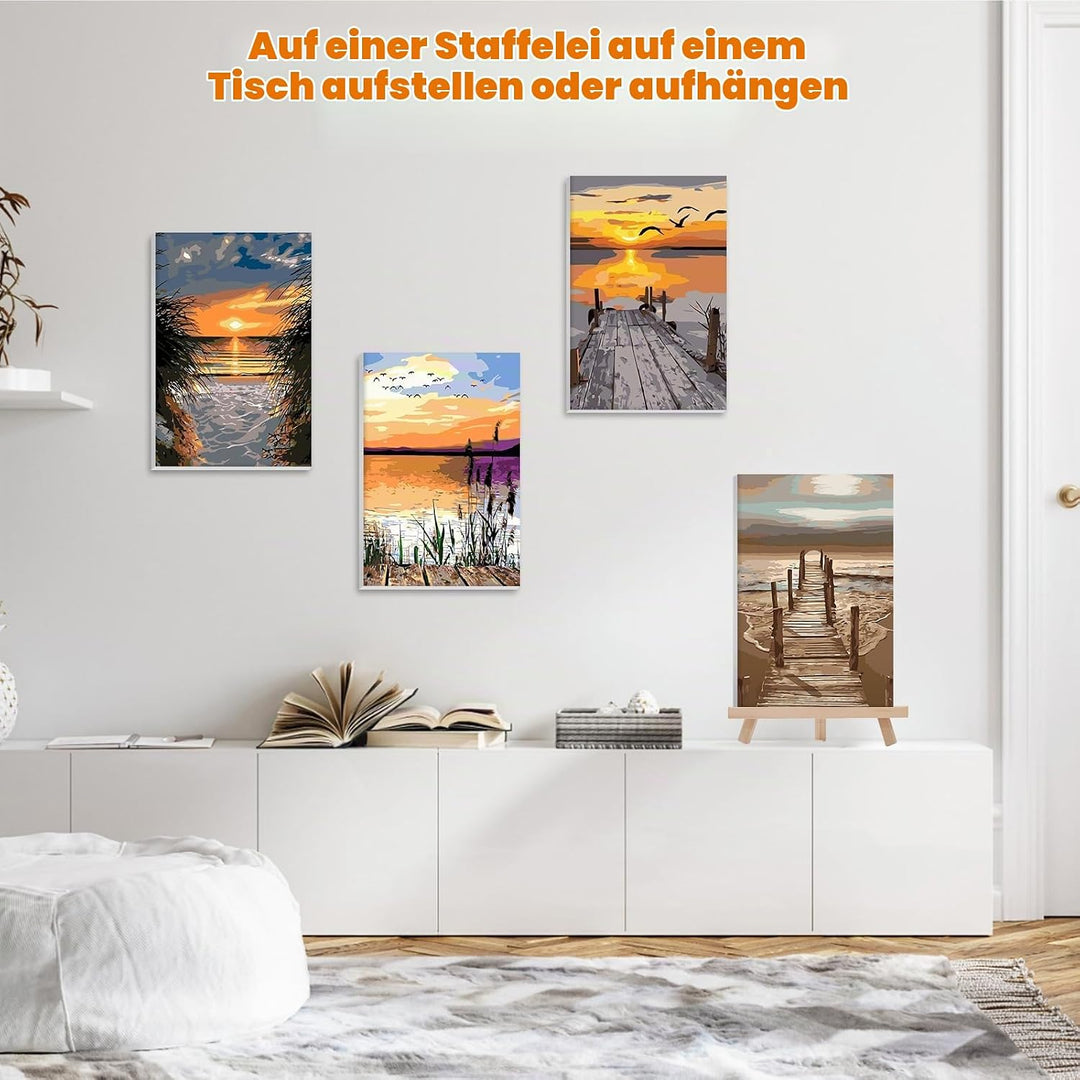 GHHKUD Malen Nach Zahlen Erwachsene, 4 Stück Malen Nach Zahlen Sonnenuntergang Strand DIY Handgemalt