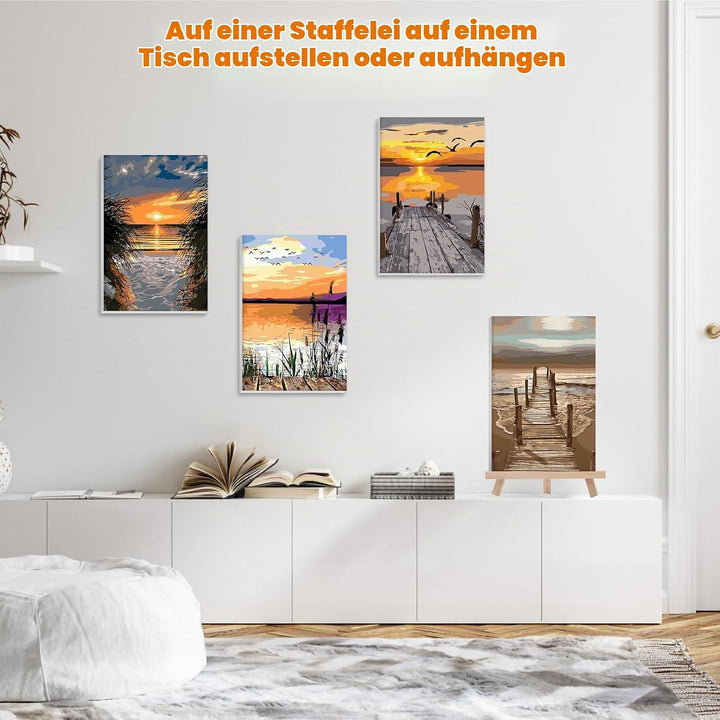 GHHKUD Malen Nach Zahlen Erwachsene, 4 Stück Malen Nach Zahlen Sonnenuntergang Strand DIY Handgemalt