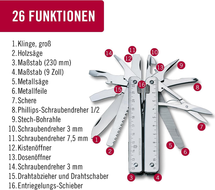 Victorinox Multifunktionstool, SwissTool, Multitool Messer, 26 Funktionen, Kombi-Spitzzange, Festste
