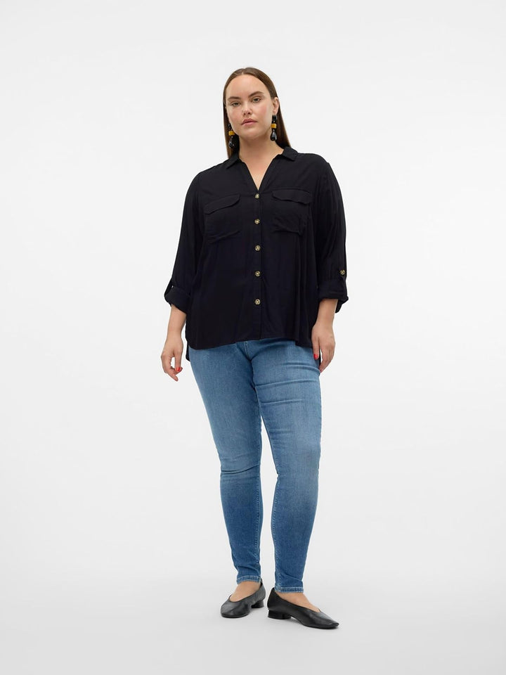 VERO MODA CURVE Damen Vmbumpy L/S Shirt New Curve Noos Bluse, Schwarz