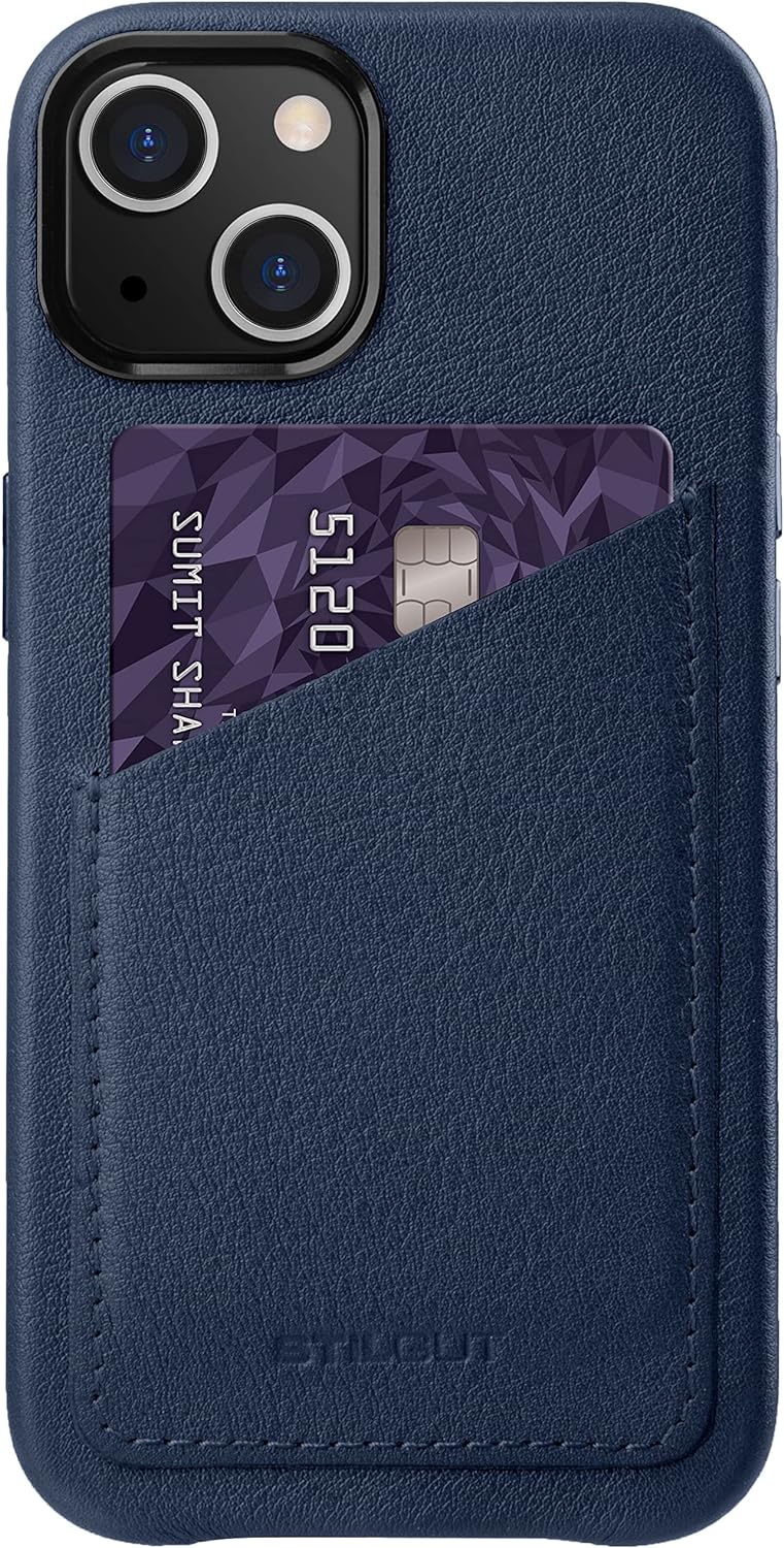 STILGUT Cover kompatibel mit iPhone 13 Hülle mit Kartenfach, Case aus Leder, Kartenhülle - Dunkelbla
