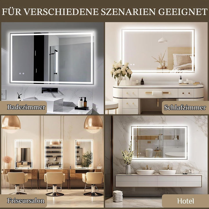 Clevich Badspiegel mit Beleuchtung 100×60 cm, LED Spiegel mit 3 Lichtfarben und dimmbar, Touch-Schal