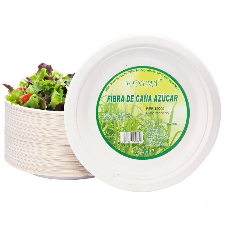 EXNIMA, Packung 50, 100 oder 200, biologisch abbaubare Einweg-Zuckerrohr-Einwegteller, rund, Einwegg