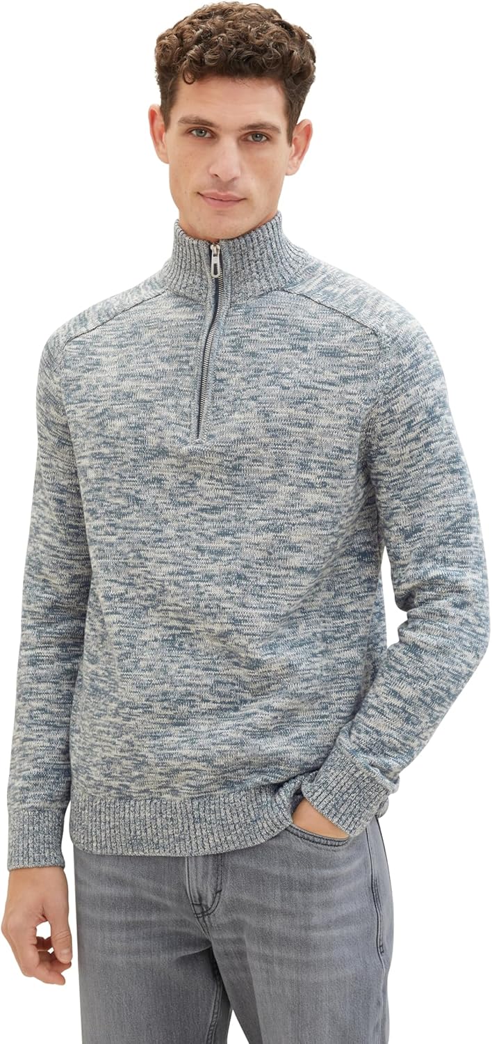 TOM TAILOR Herren Troyer Strickpullover aus Baumwolle S 34251 - Dusty Dark Teal Mouline, S 34251 - D