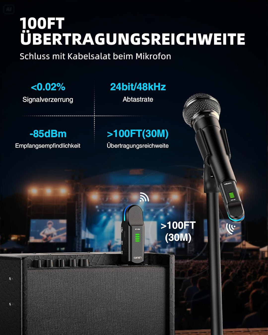 LEKATO 2,4 GHz Funkmikrofonsystem, XLR Sender Empfänger, 48V Phantomspeisung, für Kondensator & Dyna