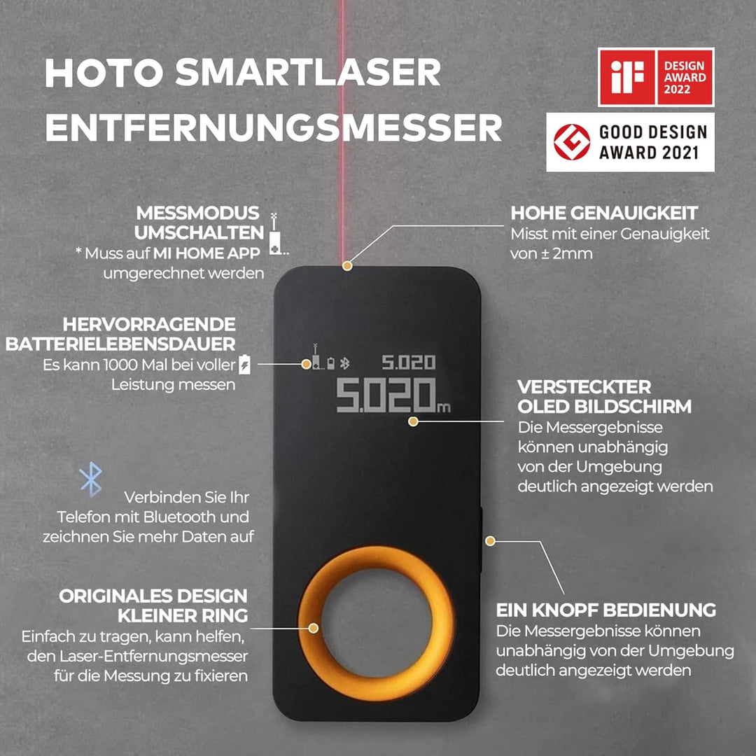 HOTO Laser Entfernungsmesser 30 m Messbereich, ±2 mm Genauigkeit, digitales Laser-Massband, Laser-Me