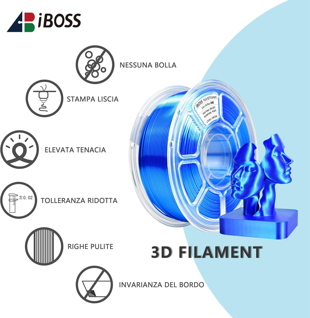 iBOSS PLA+Silk Filament Blau, Glanzendes Metallisches Seiden-3D-Filament1,75mm,Robustes PLA Pro 3D-D