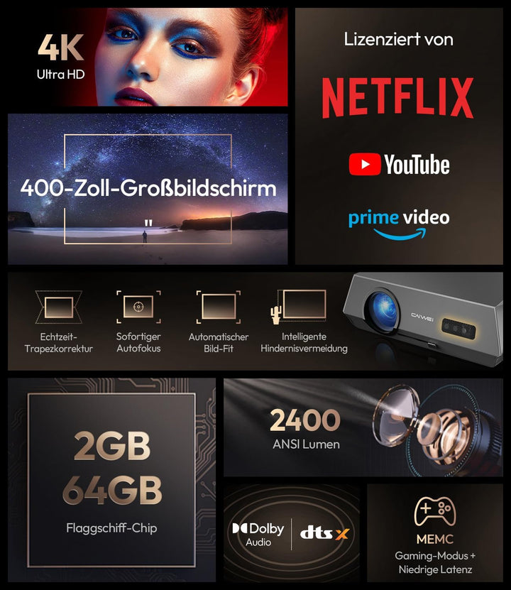 4K Beamer 2400 ANSI Lumen, Tageslichttauglich, Netflix Zertifiziert, Smart-Beamer für Heimkino mit A