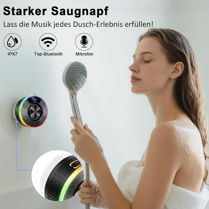 Bluetooth Lautsprecher, Klein Duschlautsprecher Bluetooth 5.3 mit LED Licht/Saugnapf, IPX7 Wasserdic