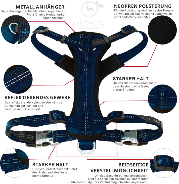 MICHUR Bruno Hunde BRUSTGESCHIRR Blau, Nylon Hundegeschirr, Neopren Polsterung, Schnell-klick-Schnal
