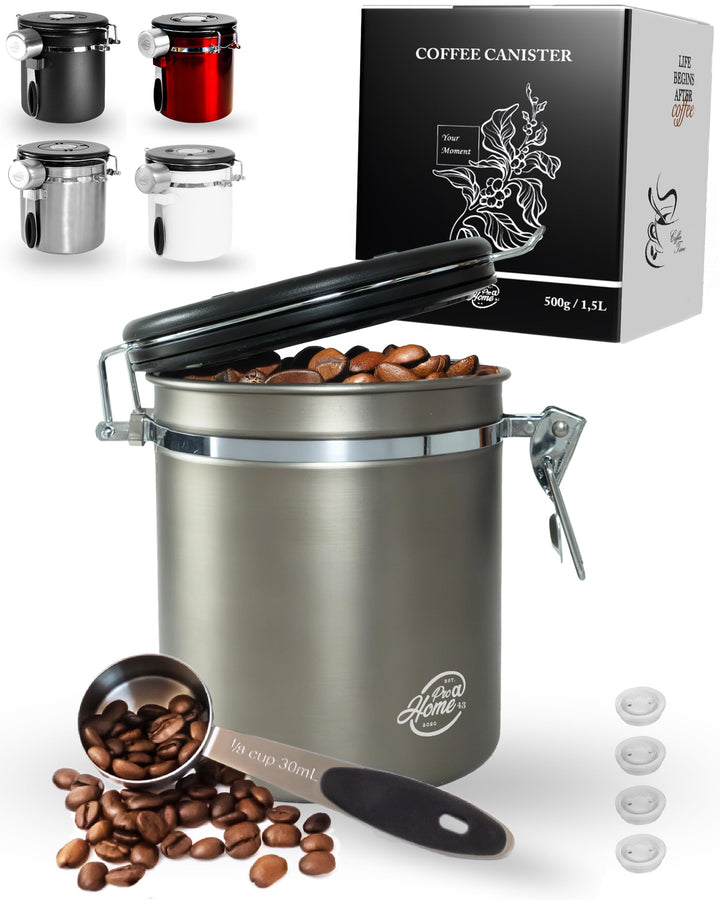 Kaffeedose luftdicht 500g - Gun Metal - Kaffeebohnen Vorratsbehälter 1,5L aus Edelstahl mit Kalender