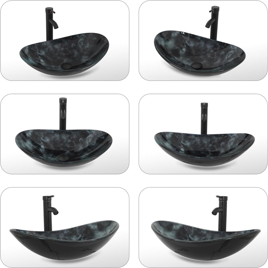 YU YUSING Waschbecken Glas Aufsatzwaschbecken Oval mit Wasserhahn Set, Waschtisch für Badezimmer Küc