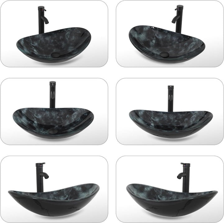 YU YUSING Waschbecken Glas Aufsatzwaschbecken Oval mit Wasserhahn Set, Waschtisch für Badezimmer Küc