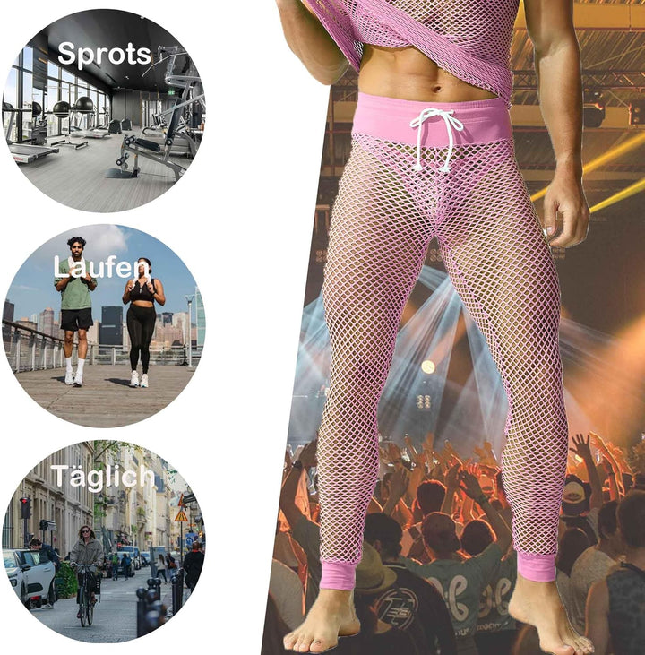 QiaTi Männer Fishnet Hosen Mesh transparente Muskel Leggings Dehnbare Lange Hosen mit Schnüre für Mä