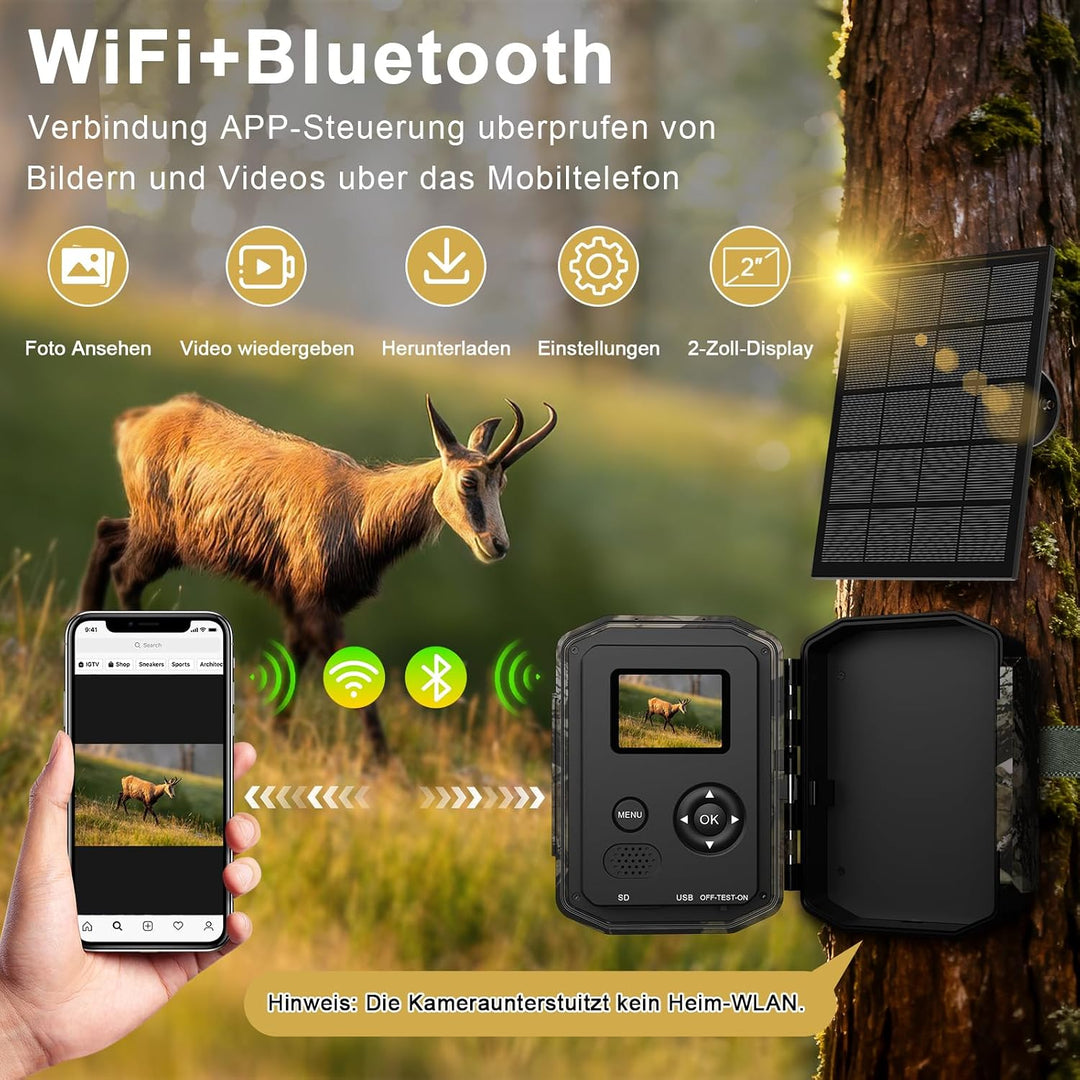 Wildkamera WLAN 5K/64MP mit Wiederaufladbare 10000mAh Akku | Wildtierkamera Solar, Handyübertragung