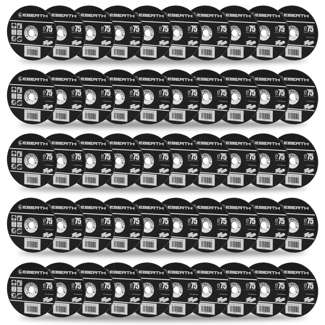 EBERTH 50 Stück Trennscheibe Ø 75mm für Inox, 9,5mm Aufnahme, 2,1mm Blattstärke, Aluminiumoxid, Sche