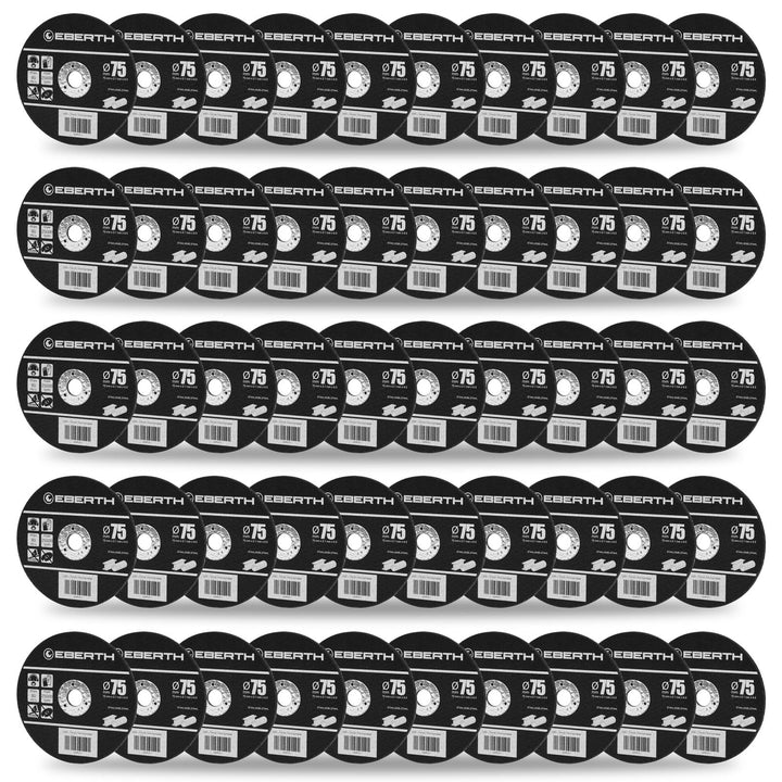 EBERTH 50 Stück Trennscheibe Ø 75mm für Inox, 9,5mm Aufnahme, 2,1mm Blattstärke, Aluminiumoxid, Sche