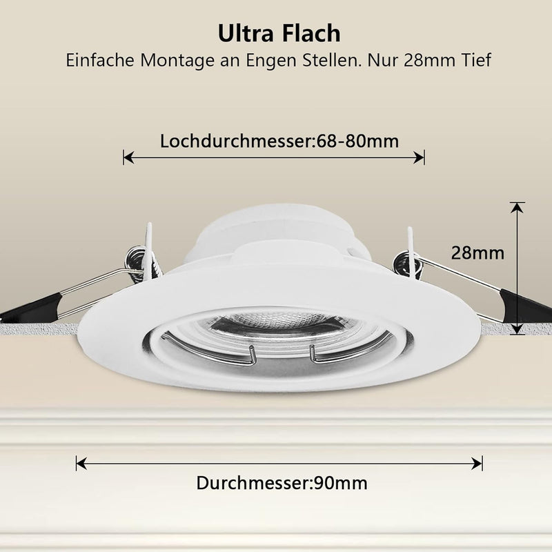 10er Set Dimmbar LED Einbaustrahler 230V Ultra Flach Einbauleuchten Schwenkbar Decke Spots Rund Weis