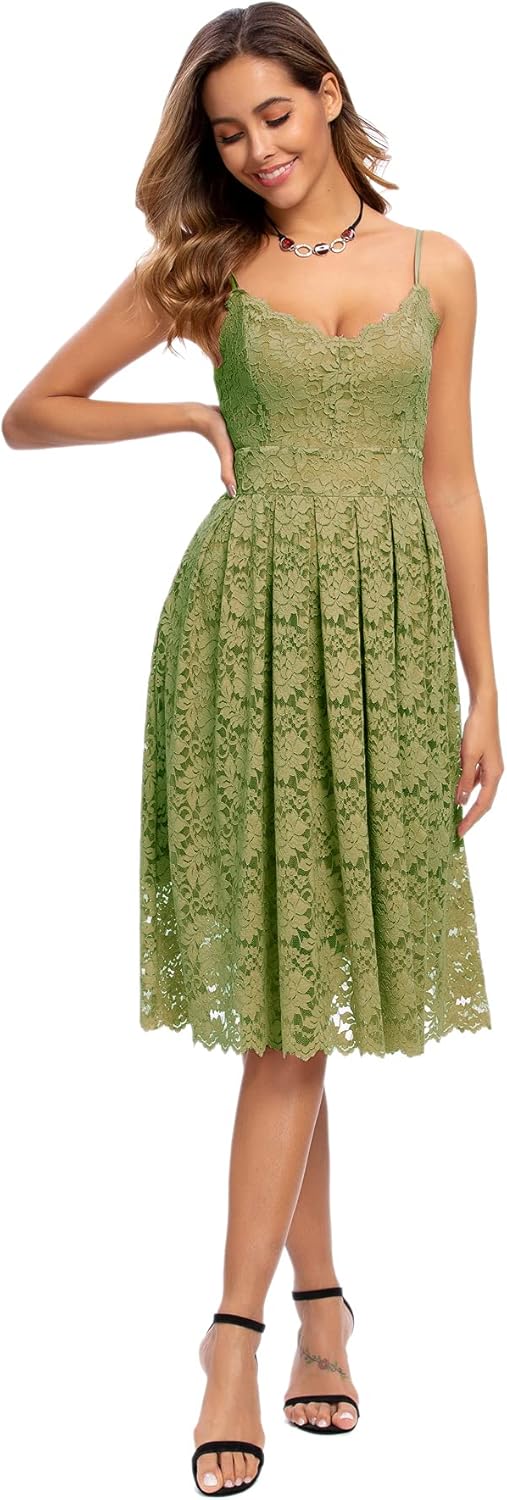 Atnlewhi Damen Vintage ärmellosen V-Ausschnitt A-Linie Kleid Blumen Knielang Spitzenkleid Brautjungf