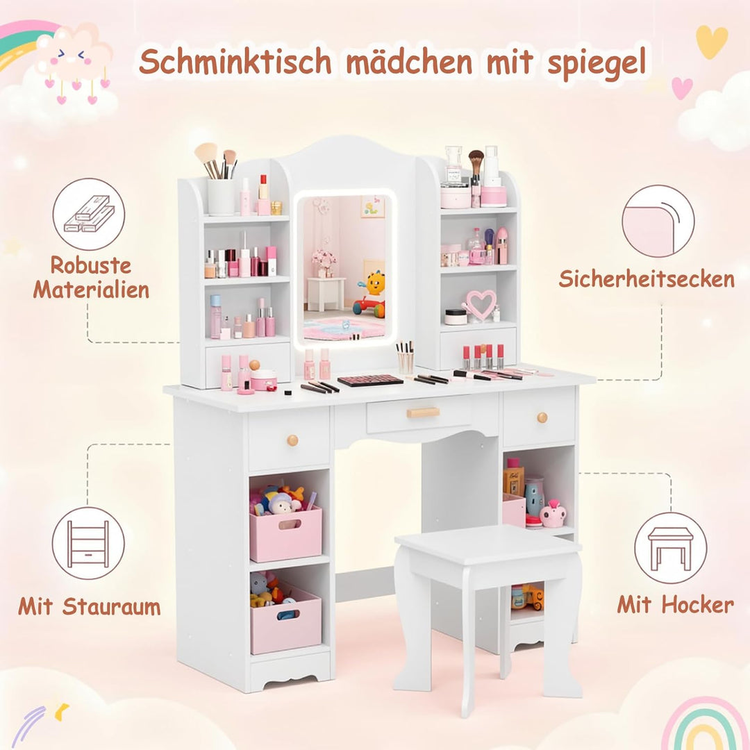 Clevich Schminktisch Kinder Set, Kinderschminktisch mit LED Beleuchtung, 5 Schubladen, 10 Staufächer