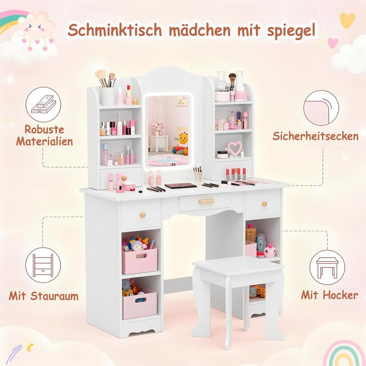 Clevich Schminktisch Kinder Set, Kinderschminktisch mit LED Beleuchtung, 5 Schubladen, 10 Staufächer