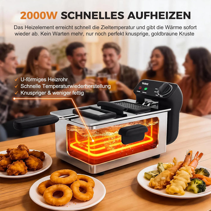 Fritteuse, 3L Elektrische Fritteuse mit Sichtfenster, 2000 W Edelstahl Fritteuse mit Temperaturregel