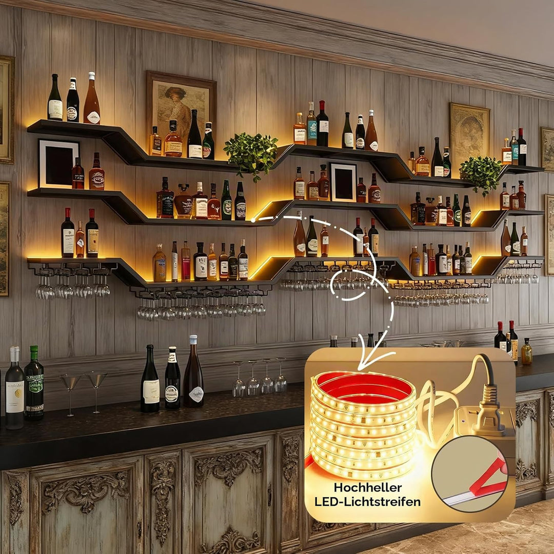 140cm Modernes Wand-Weinregal Mit LED Beleuchtung, Schwebende Barregale mit Glashalter, 3 Ebenen Wan
