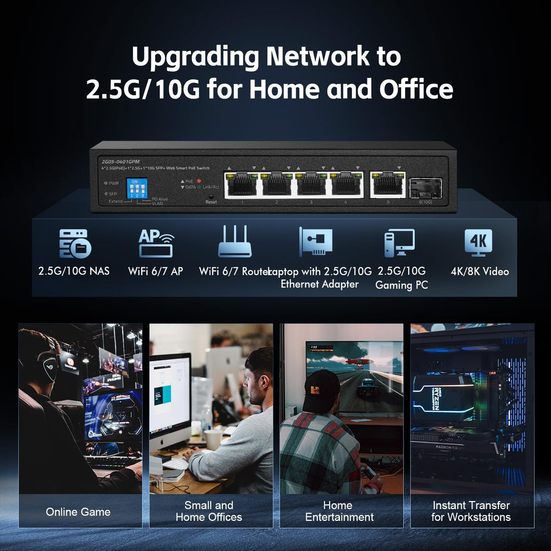 6-Port-2,5G-PoE-Managed-Switch, 10G-SFP+-Steckplatz, IEEE802.3af/at 100W, unterstützt Trunk/LACP/VLA