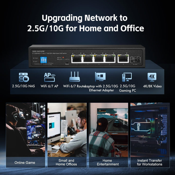 6-Port-2,5G-PoE-Managed-Switch, 10G-SFP+-Steckplatz, IEEE802.3af/at 100W, unterstützt Trunk/LACP/VLA