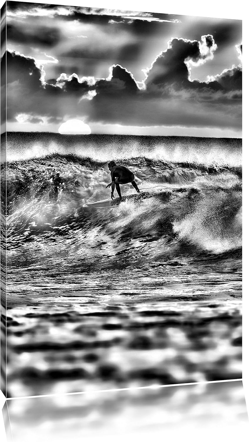 Pixxprint Monocrome, Surfen im Sonnenuntergang, Wellenreiten, Format: 100x70 auf Leinwand, 100x70