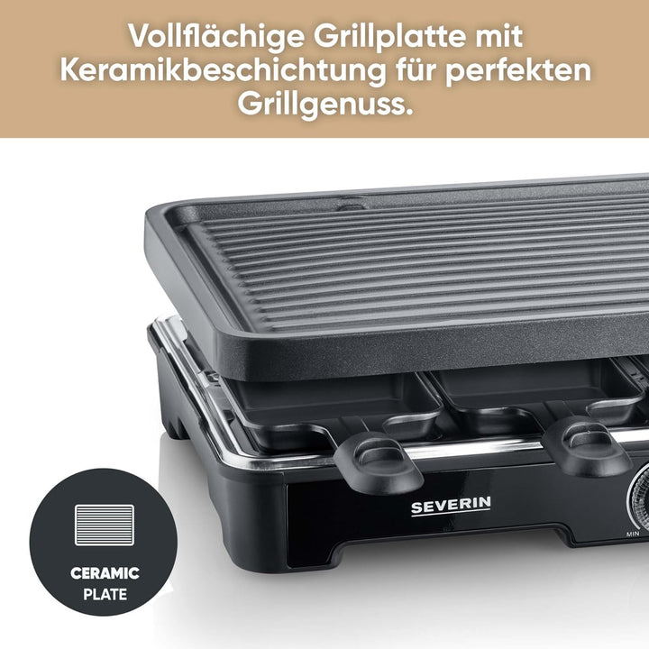 SEVERIN Raclette-Grill, Raclette mit grosser Grillplatte, Keramik- & Antihaftbeschichtung, 8 Raclett