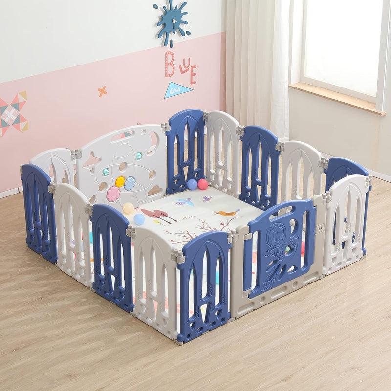 Aufun Laufstall Baby Faltbar, Laufgitter mit Tür und Spielzeugboard, 12 Panel Blu+Weiss Baby Absperr