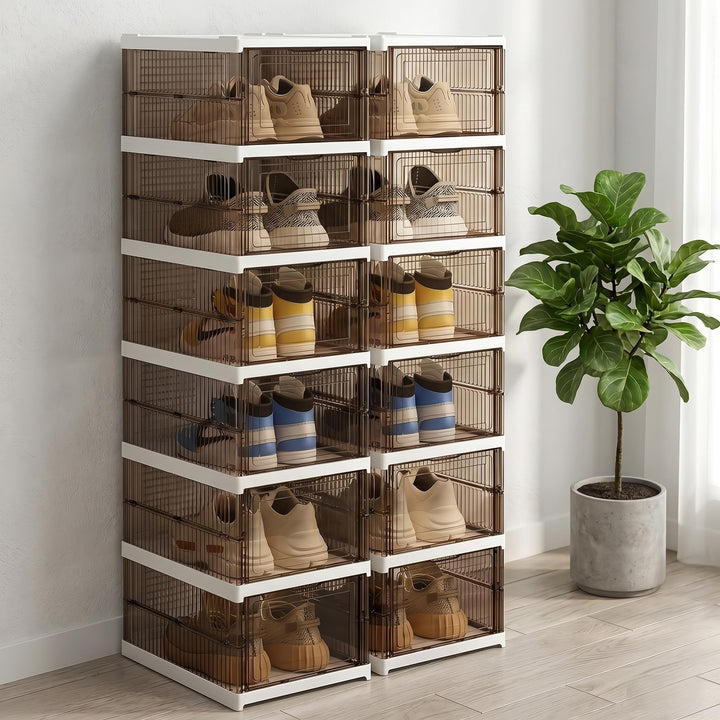 Schuhboxen Stapelbar, 12 Ebenen, Transparent, Faltbar, Dickem Kunststoff, für Sneaker bis Grösse 46,