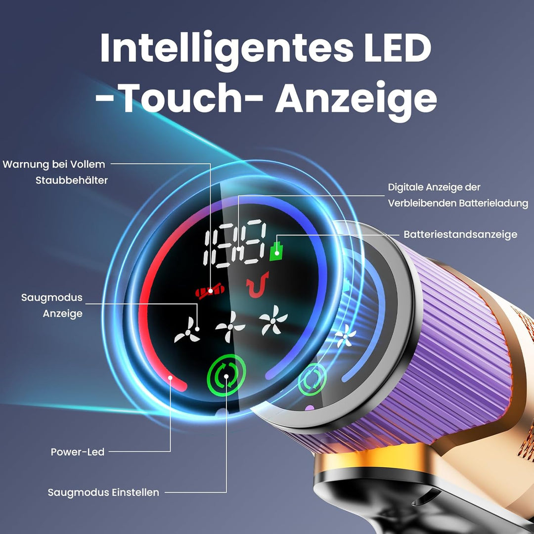 A12 Akku Staubsauger mit Wassertank, 50Kpa/600W/70Min/8-in-1, Kabelloser Staubsauger mit LED Touchsc