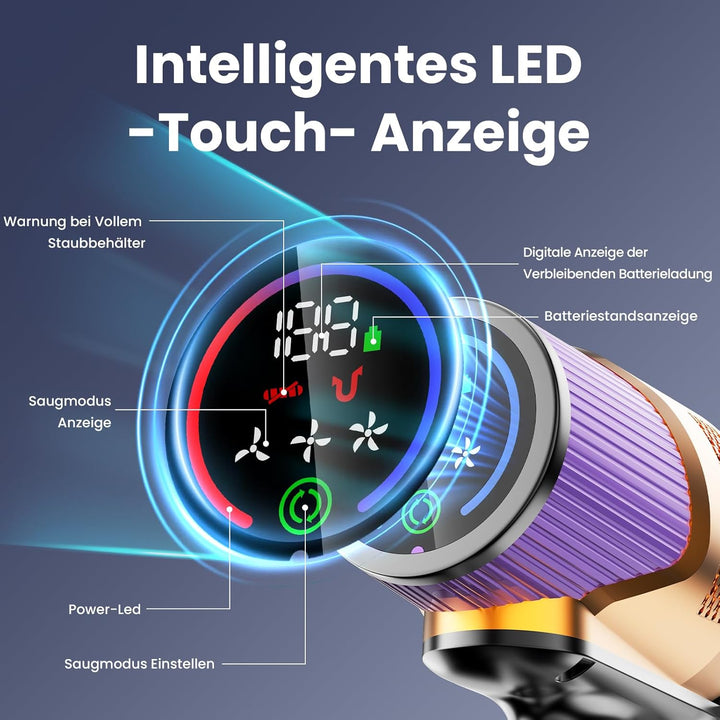 A12 Akku Staubsauger mit Wassertank, 50Kpa/600W/70Min/8-in-1, Kabelloser Staubsauger mit LED Touchsc