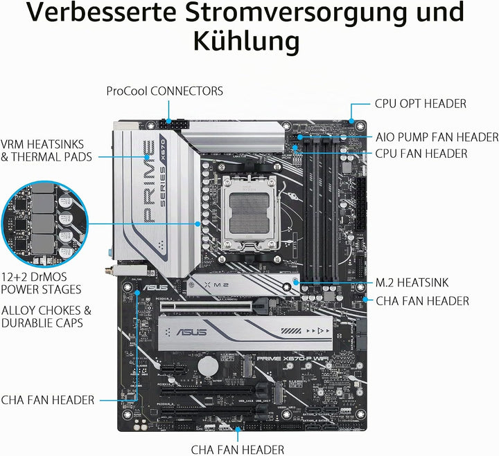ASUS PRIME X670-P WIFI Gaming Mainboard Sockel AMD AM5 (Ryzen 7000, ATX, PCIe 5.0, 3x M.2, DDR5-Spei