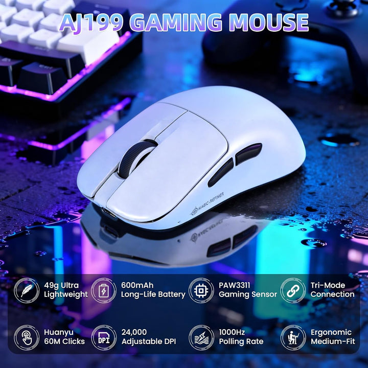 ZIYOU LANG×MAGIC-REFINER AJ199 Kabellose Gaming Maus Leicht, 49g Tri-Modus 2.4G/BT/Kabel, PixArt PAW