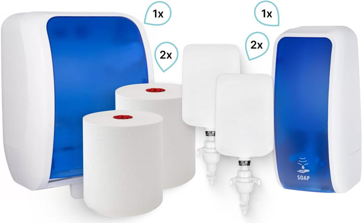 Blanc Hygienic Waschraum Set: Handtuchrollenspender AUTOCUT + 2 TAD Handtuchrollen + Schaumseifenspe