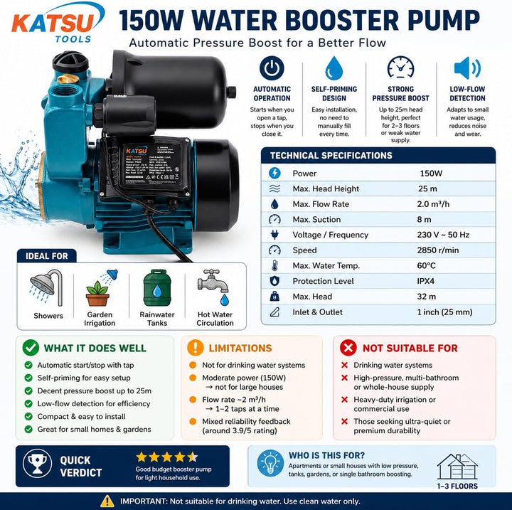 KATSU Wasserpumpe Hauswasserwerk Gartenpumpe 150W, Abschaltautomat mit einstellbarer Druckregelung,